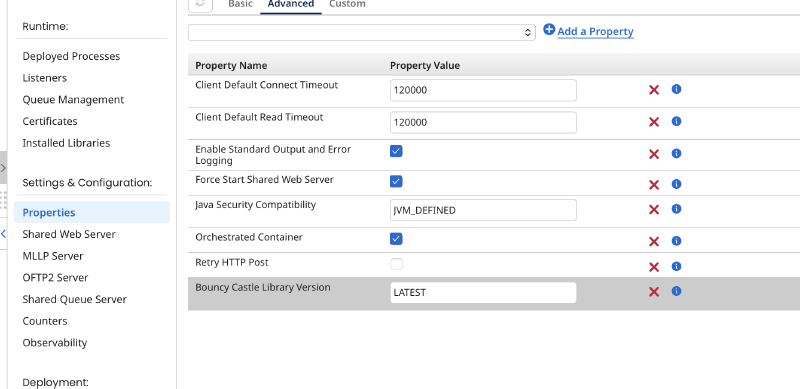 Advanced tab of the Boomi runtime properties with the BouncyCastle configuration line added