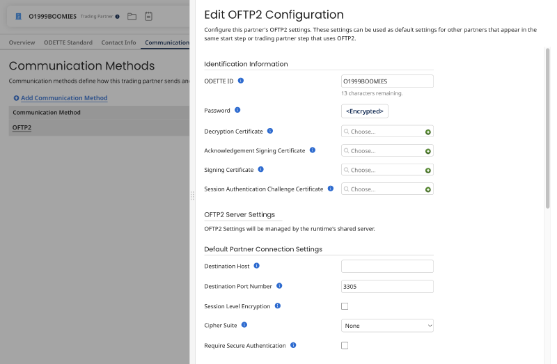 Boomi Communication tab with the ODETTE ID and password matching the Mendelson configuration
