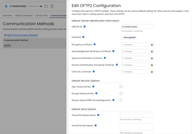 Additional OFTP2 communication settings for the Boomi trading partner