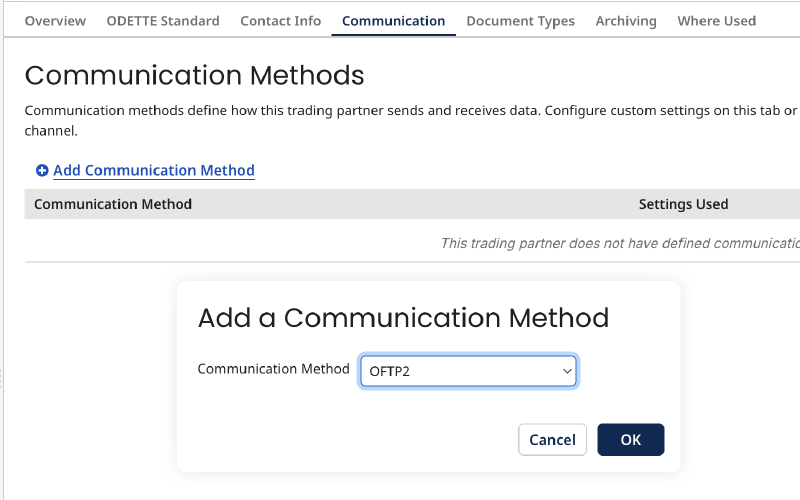 Communication tab of the Boomi trading partner with the method set to OFTP2