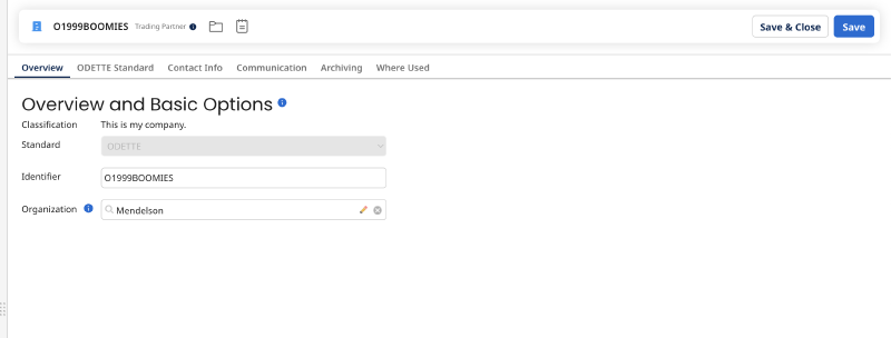 Overview tab of the Boomi trading partner showing identifier O1999BOOMIES and the organization