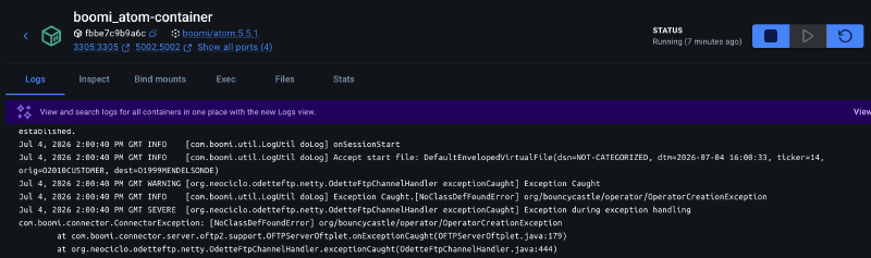 Boomi Atom log showing an error about the missing BouncyCastle cryptographic library