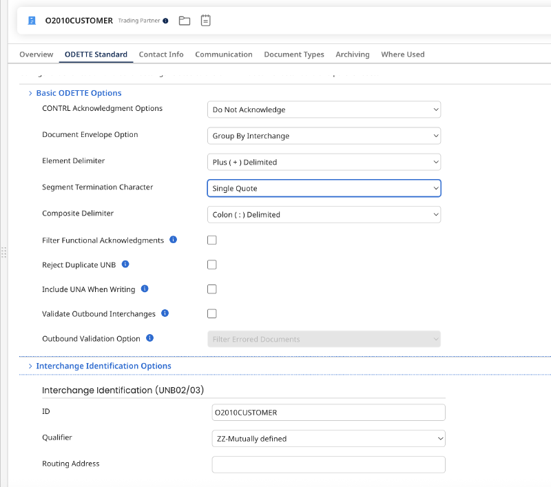 ODETTE Standard tab of the customer trading partner with basic ODETTE and interchange options