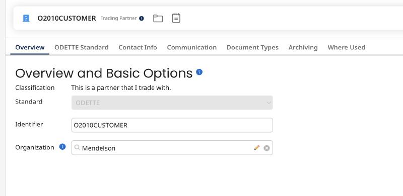 Overview tab of the customer trading partner in Boomi with identifier O2010CUSTOMER