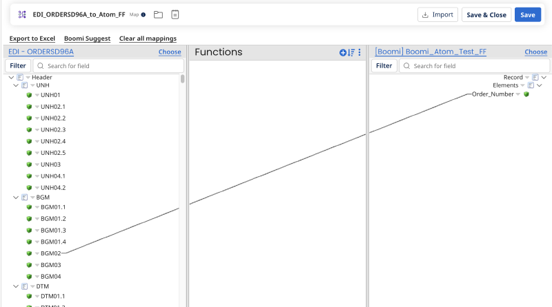 Basic map between the EDIFACT profile and a flat file profile linking a single field
