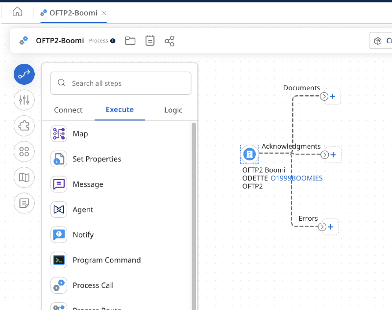 Boomi integration start step showing the Documents, Errors and third option