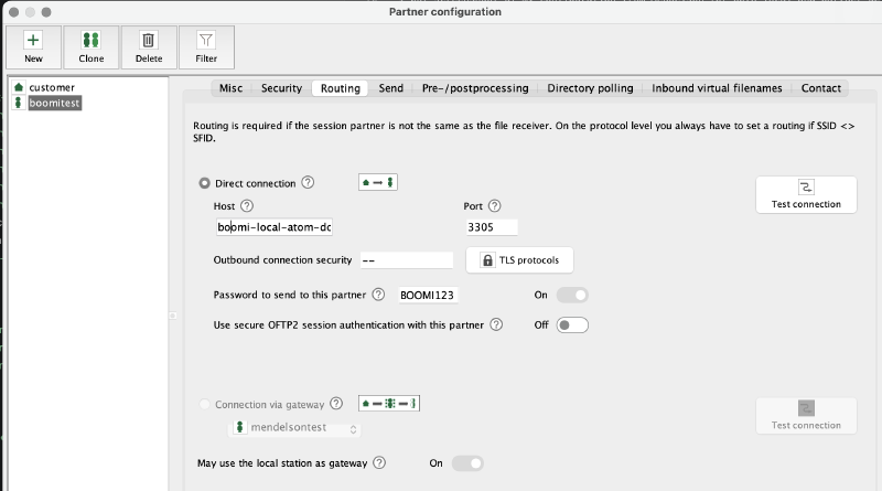 Additional Mendelson remote partner settings for the Boomi connection, including the OFTP2 password