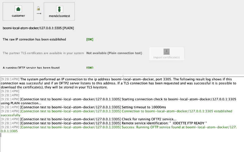 Mendelson window confirming a successful OFTP2 test connection to Boomi