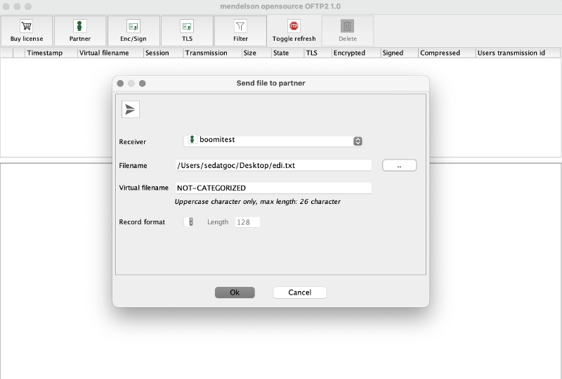 Sending the sample EDIFACT file from the Mendelson OFTP2 application to the Boomi Atom