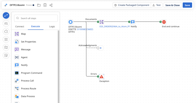 Boomi process overview with the map, notify step and exception shape