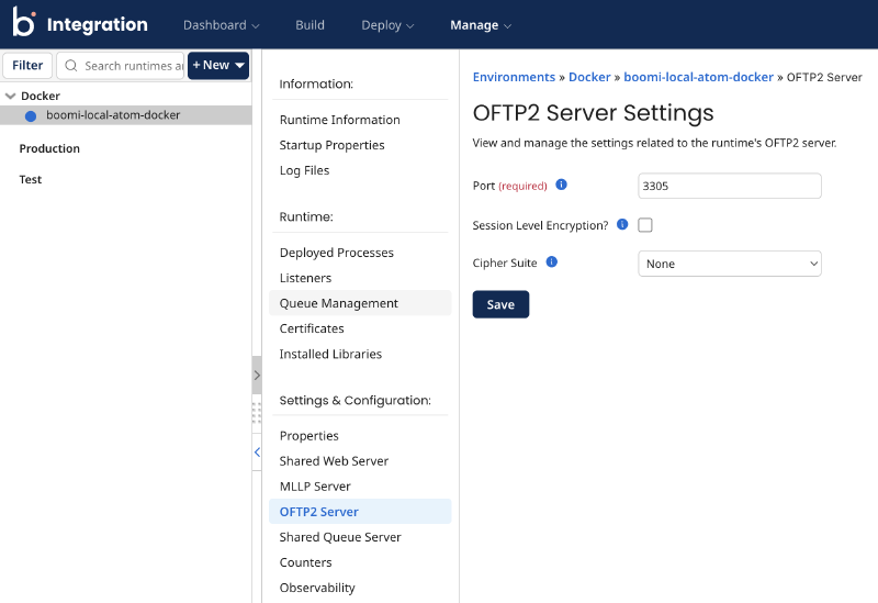 Enabling the OFTP2 Server on the Boomi runtime and setting the listener port to 3305