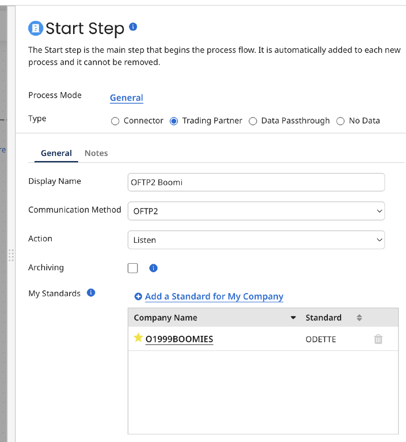 Boomi trading partner selected in the start step configuration