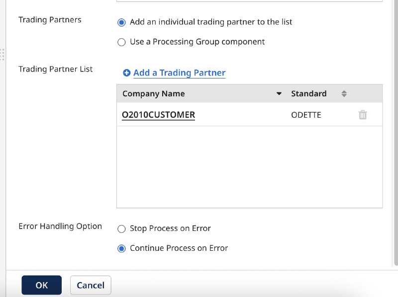 Customer trading partner selected in the start step configuration