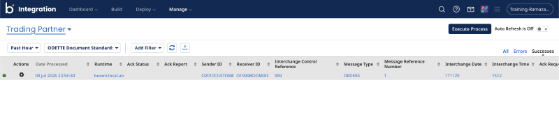 Trading Partner Management Reporting showing interchange metadata and inbound/outbound status