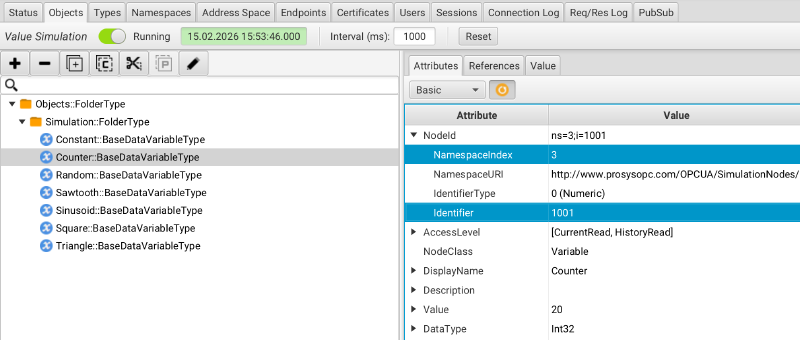 Prosys OPC UA Server Objects View